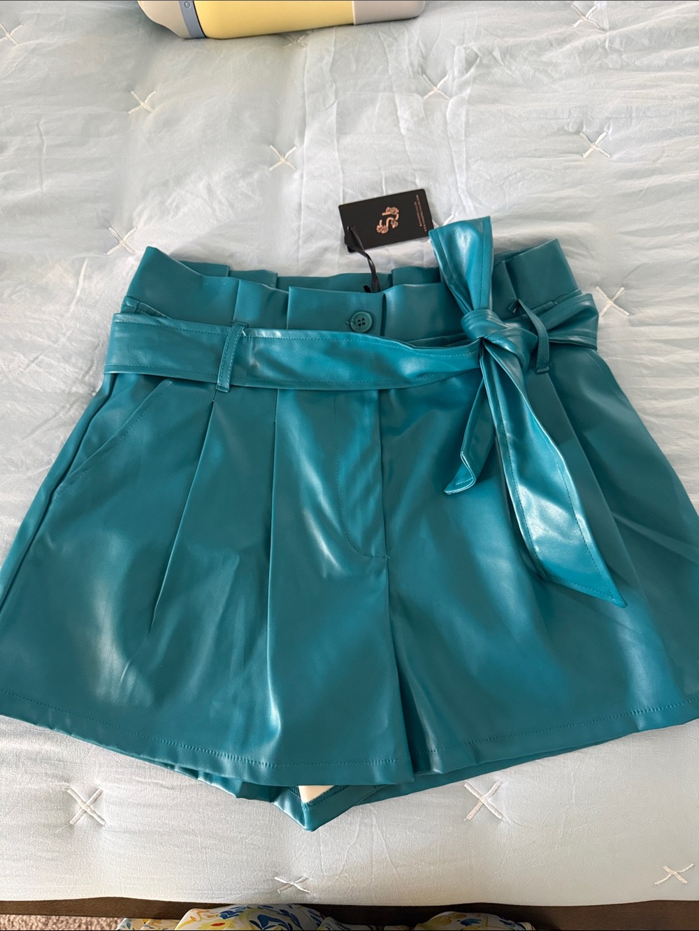 Sincerely Jules Teal High-Waist Faux Leather Tie-Belt Shorts